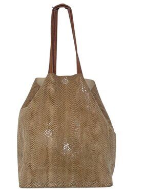 Sorial New York Beige Snakeskin Textured Leather Tote Bag With Brown Handles